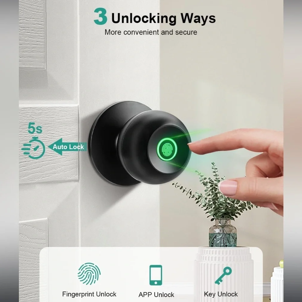 NIB KLLOQUE Black K10 Smart Fingerprint Door Knob Keyless Thumbprint Entry $54! - Picture 2 of 12